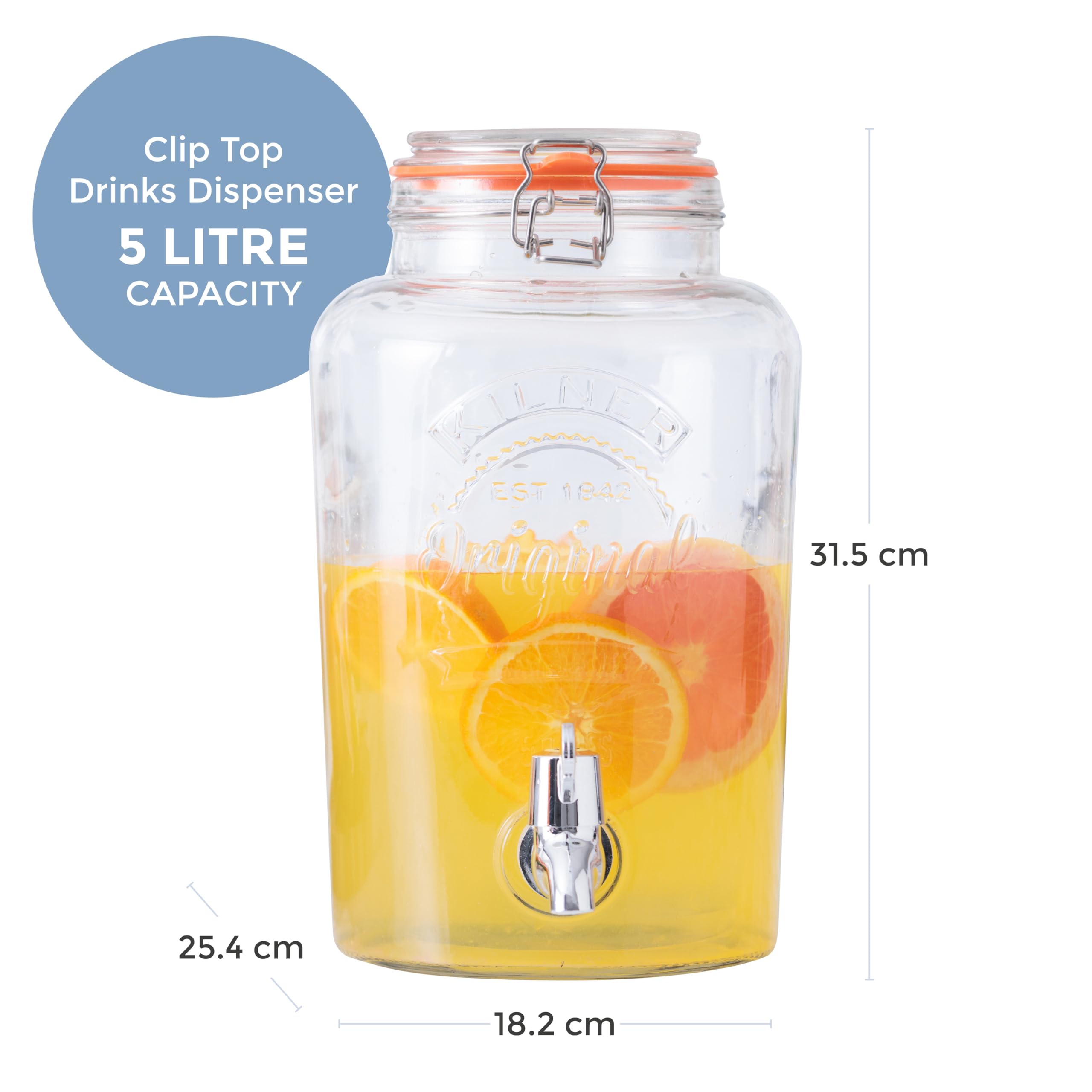 Kilner Tarro de almacenamiento de vidrio de 5 litros con grifo dispensador hermético con clip superior para servir bebidas, cócteles y bebidas infusionadas, ideal para fiestas y bufés