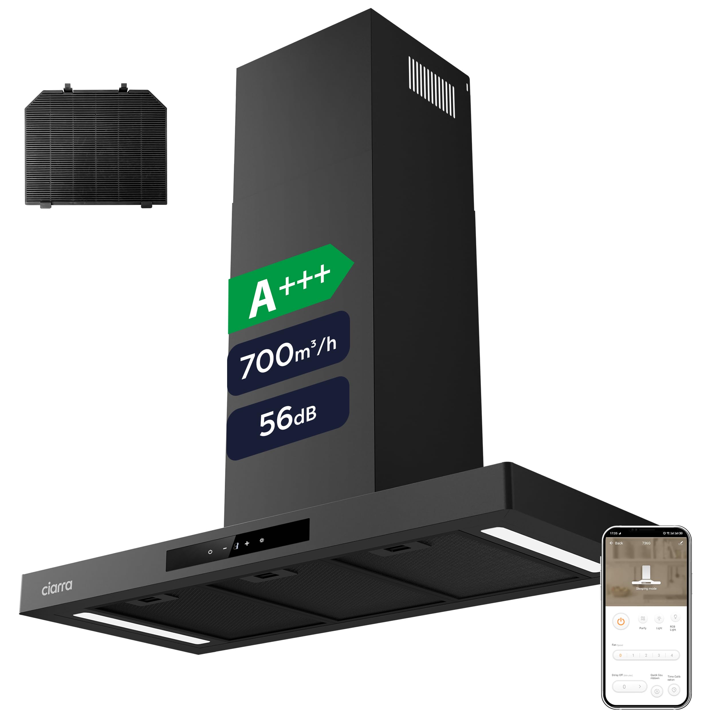CIARRA CBCB9102-P Campana Extractora 90cm Clase A+++ 706 m³/h A+++ WIFI
