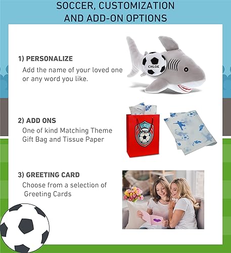 Miniatura 2 de DolliBu Animal de peluche de tiburón gris con pelota de fútbol, tiburón suave y abrazable, adorable juguete de peluche de tiburón para jugar, lindo