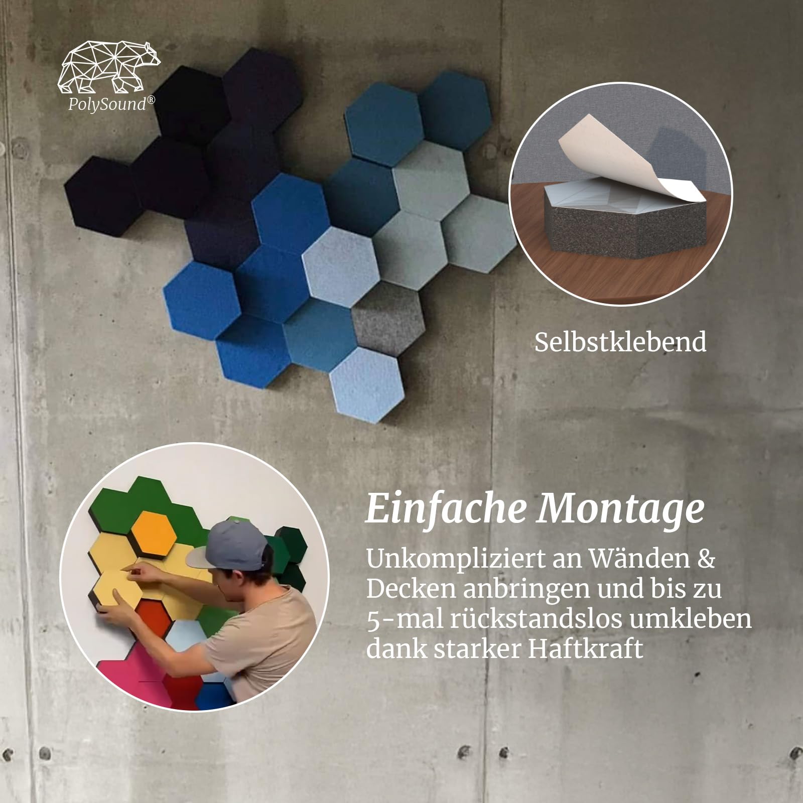 PolySound Eco - Paneles acústicos autoadhesivos, juego de 9 unidades, espuma 3D (3-10 cm), alto aislamiento acústico (αw 0,9), despegable sin residuos, blanco místico