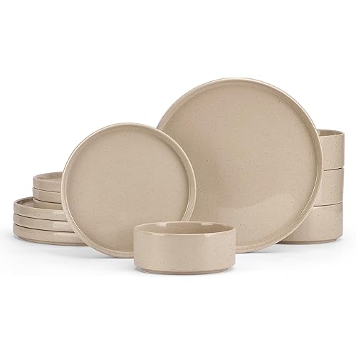 E-far Stoneware Dinnerware Sets, 12-Piece Plates and Bowls Dish Set for 4, Kitchen Modern Dinning Ware, Chip and Scratch Resistant, Microwave & Dishwasher Safe, Speckled Khaki