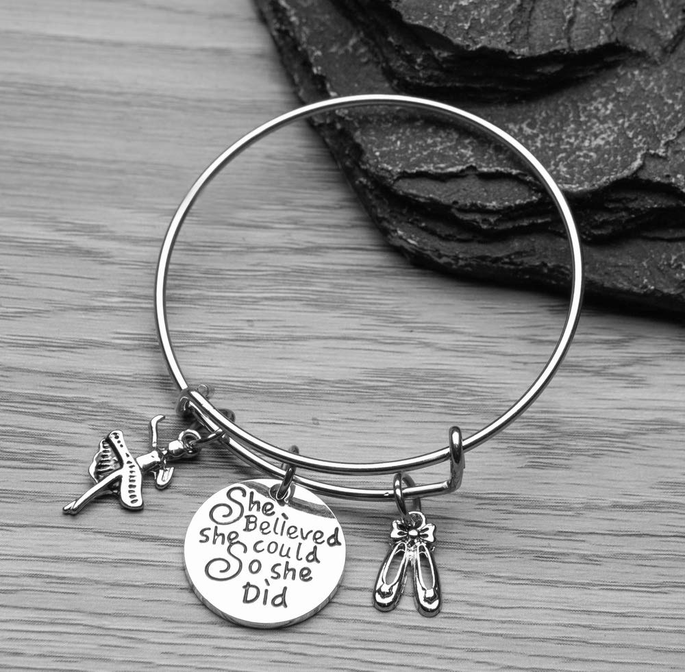 Sportybella Dance Charm Bangle Bracelet & Card Gift Set- She Believed She Could So She Did Jewelry- Gift For Dance Recitals, Dancers and Dance Teams