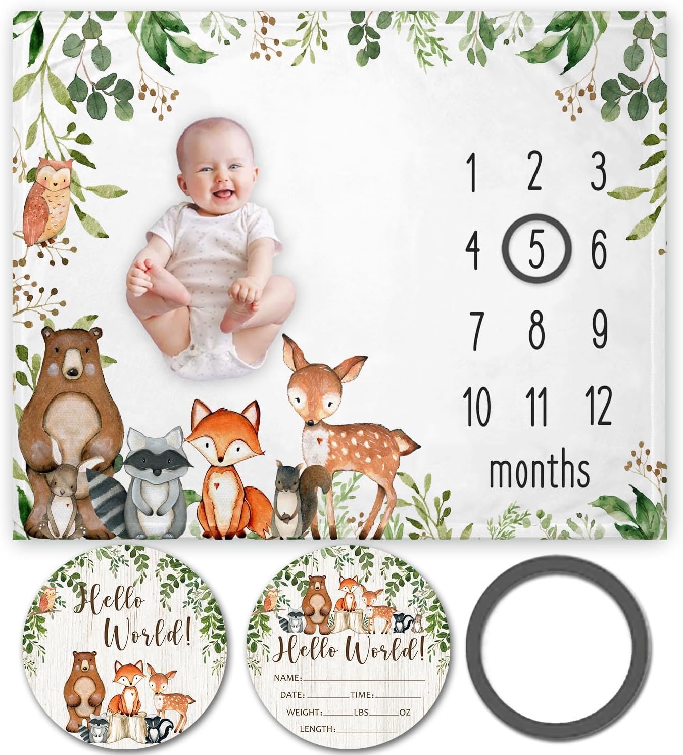 YuzioeyWoodland Animals Baby Milestone Blanket with Birth Stat Sign, Forest Baby Growth Chart Monthly Blanket, Watch Me Grow Woodland Baby Nursery for New Moms Baby Shower(50"x40")