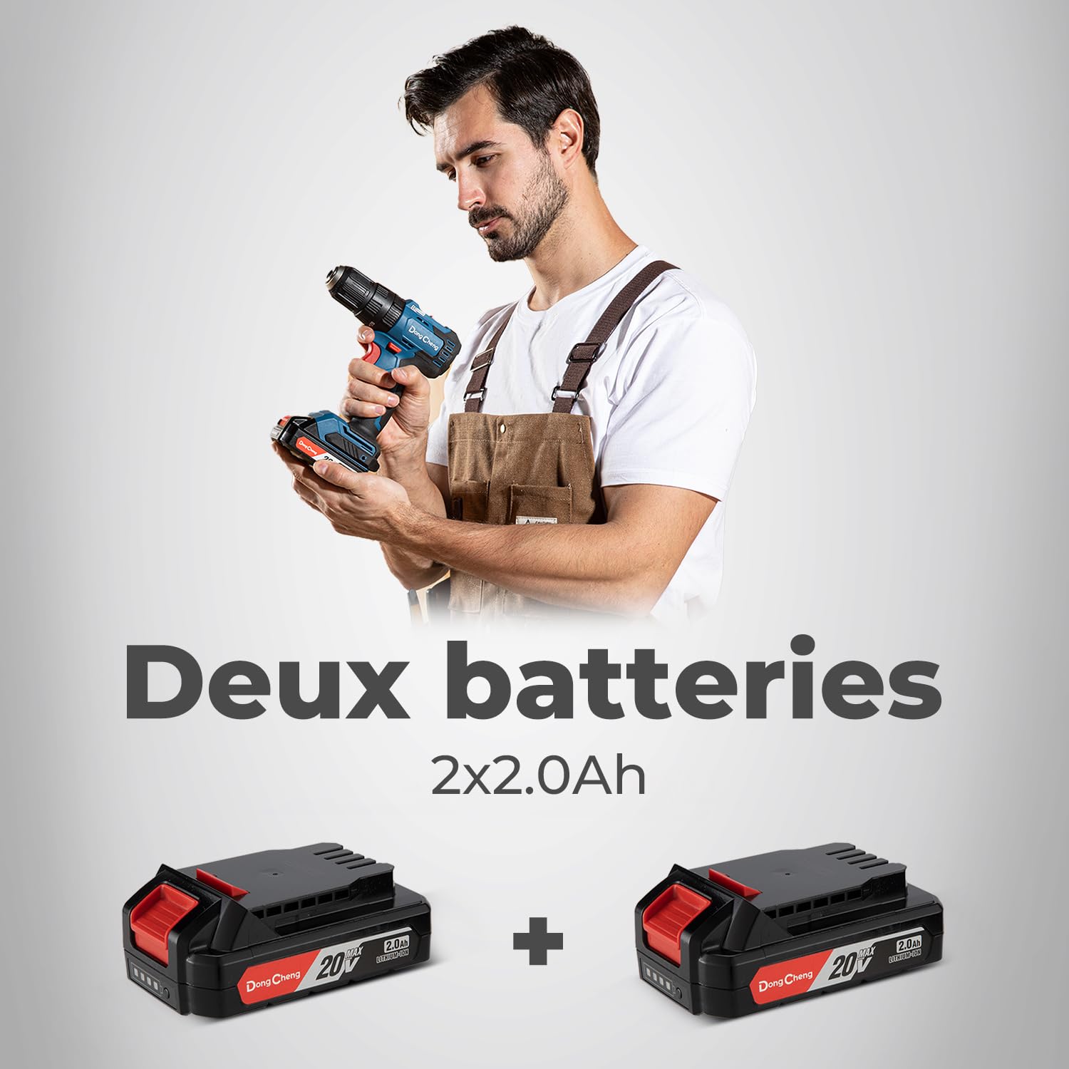 Dong Cheng Perceuse à percussion sans fil 20V 50Nm, Perceuse visseuse à percussion batteries 2x2,0Ah, 20+3 niveaux de couple, moteur sans charbon, mandrin de 13mm, 2 vitesses, chargeur, LED