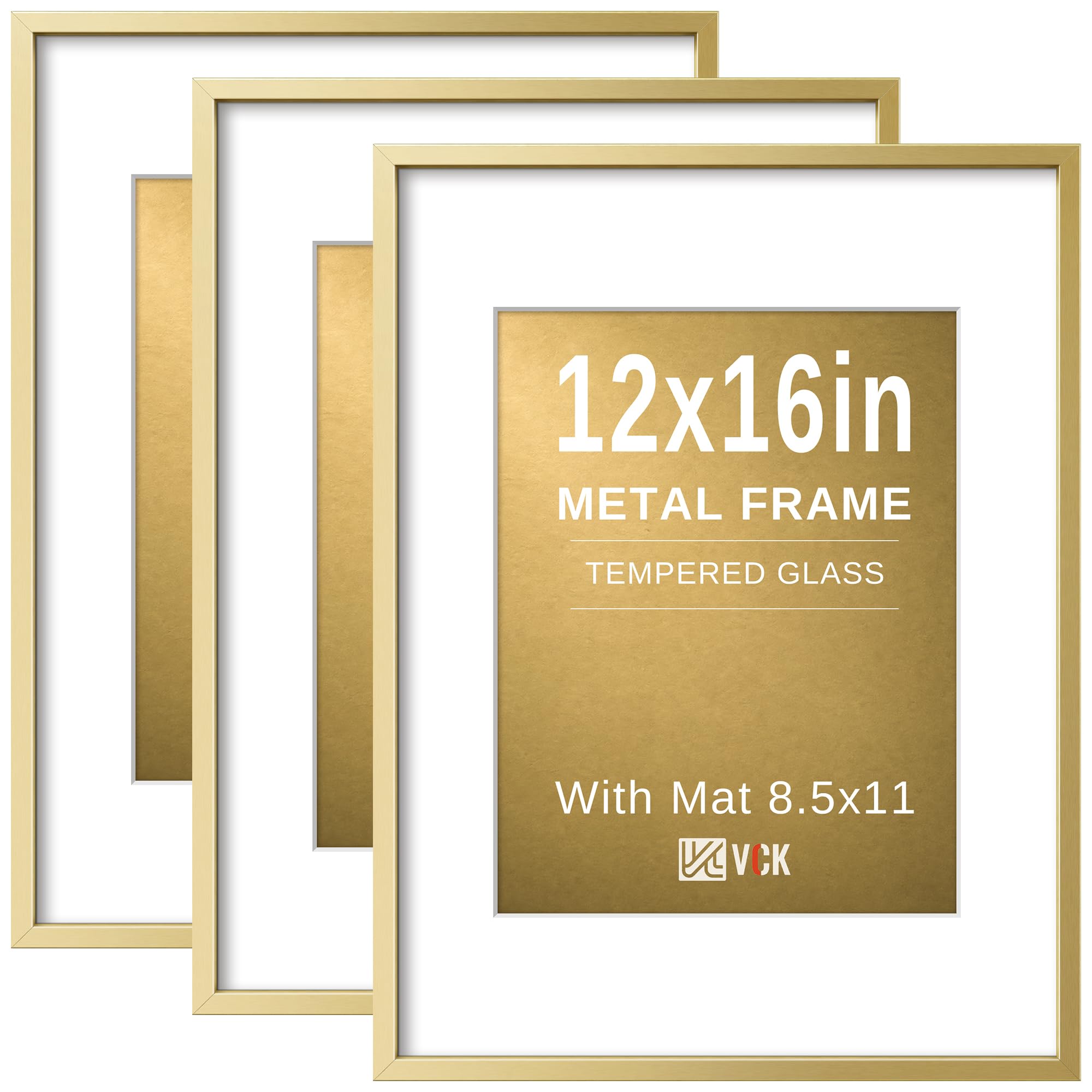 VCK 12x16 Frame Gold Metal, Real Glass, 8.5x11 Mat, 3 Pack, for Picture