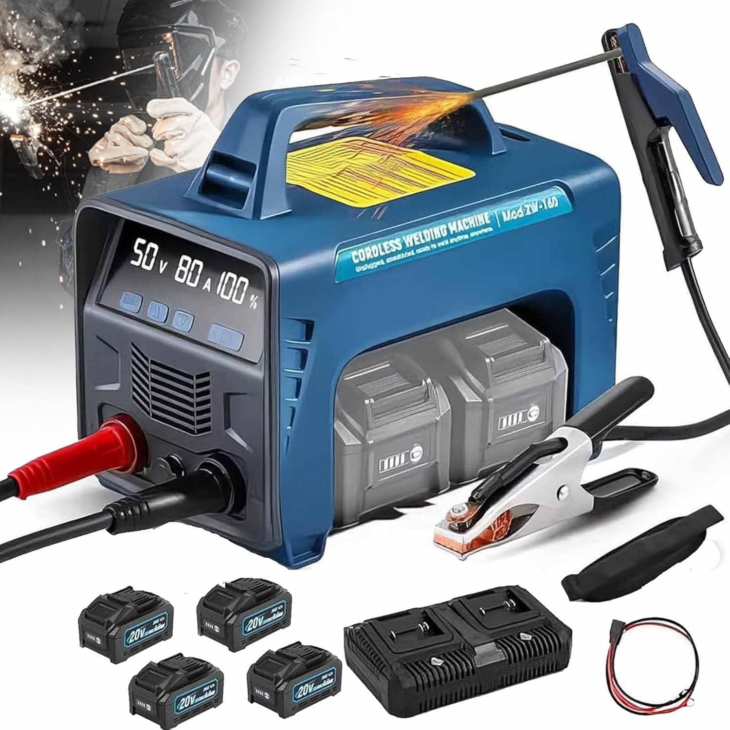 Saldatrice MMA Arc, Display LED, alimentata a Batteria, con 2 (4) batterie, saldatrice Digitale IGBT, Saldatore a Batteria Portatile, Adatta per Ferro/Acciaio Inossidabile/Alluminio
