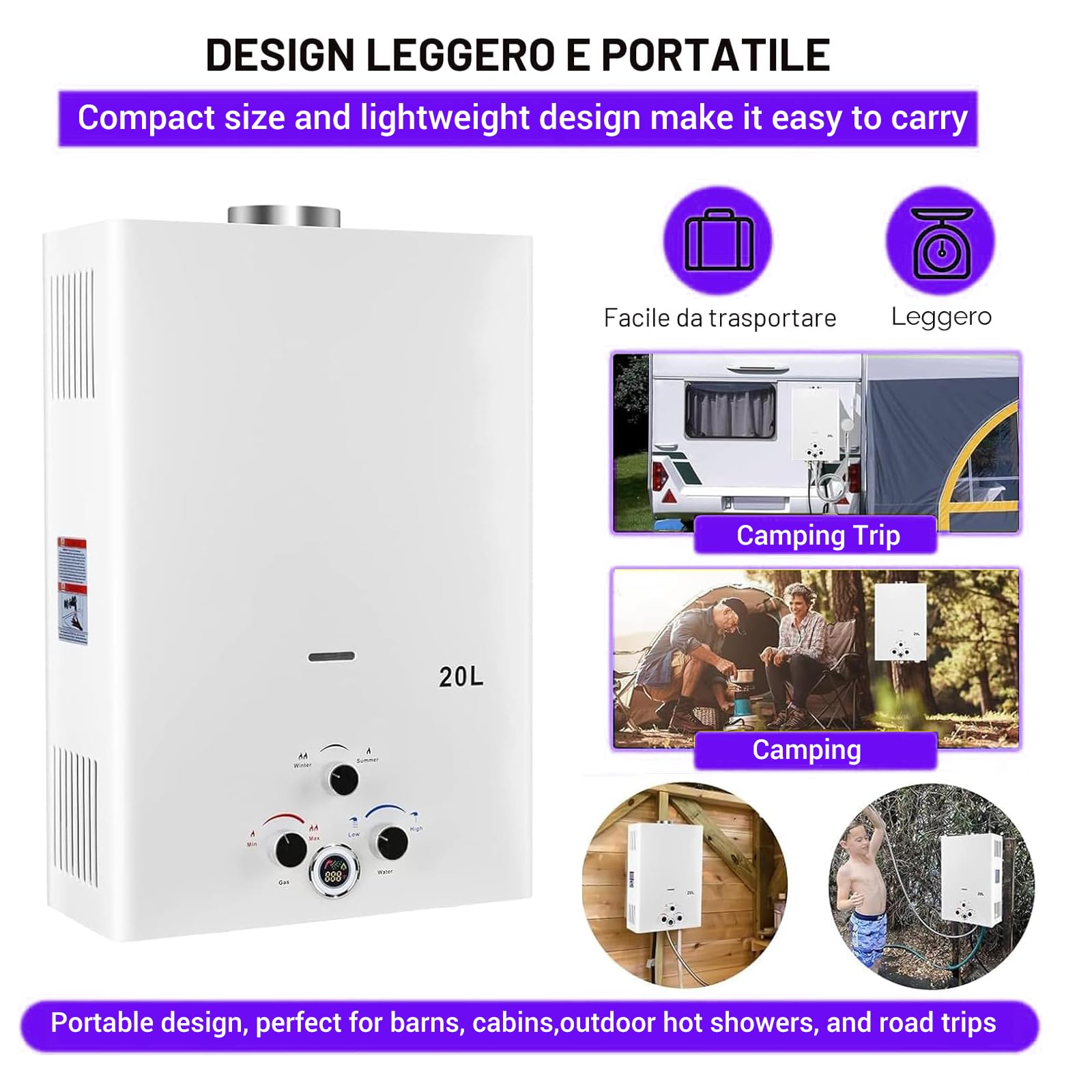 20L Scaldabagno a Gas Portatile, Scaldino a Gas da Esterno con Modalità Inverno/Estate, Display Digitale e Protezioni Multiple, per Casa, Campeggio e Camper