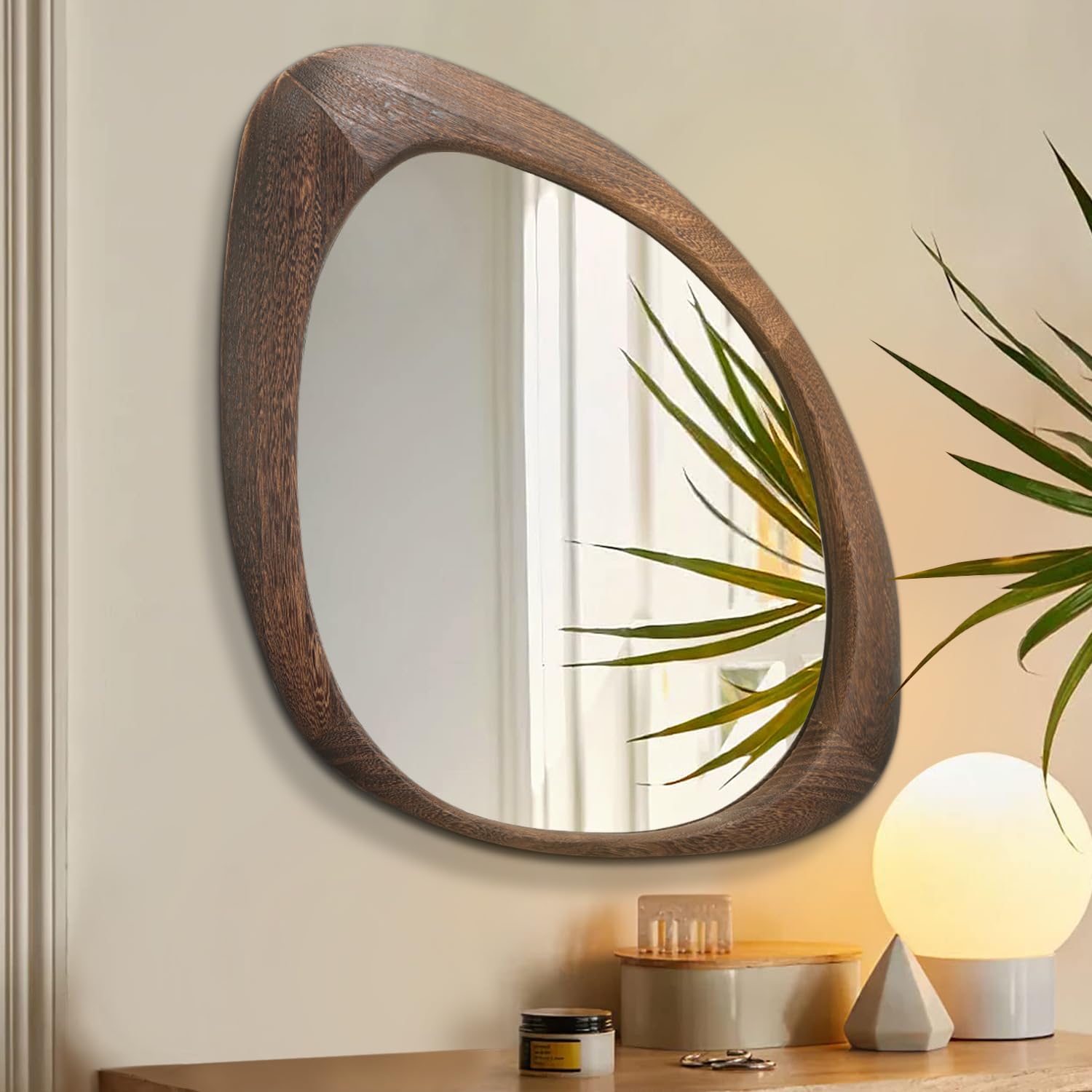 AAZZKANG Large Wall Mirror with Irregular Wood Framed 60L x 40W cm Vintage Asymmetrical Hanging Mirrors for Bathroom Bedroom Living Room Entryway