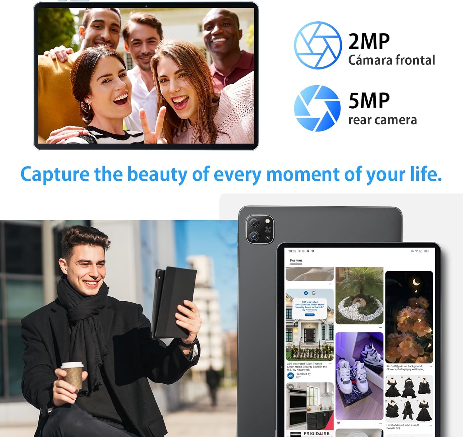 People taking a group selfie with the OSCAL PAD60 tablet, highlighting the 2MP front and 5MP rear cameras.