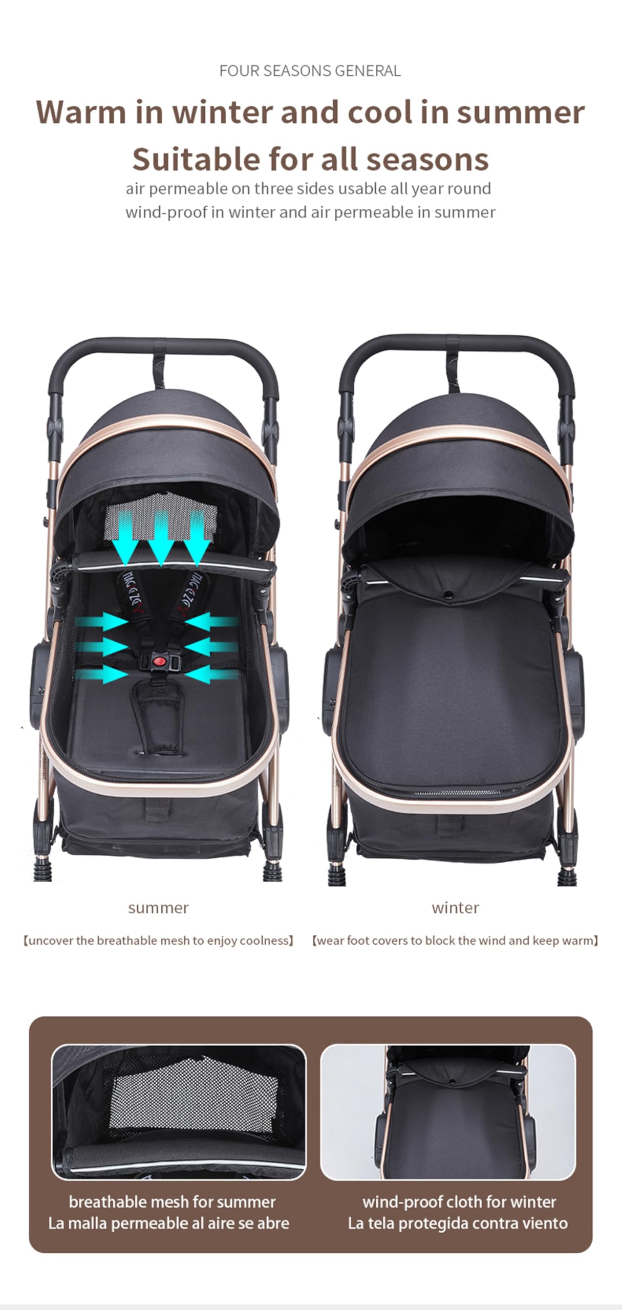 Magic ZC Kinderwagen 3 in 1 Kombikinderwagen Komplettset mit Umkehrbarem Schub Buggy Faltbarem One-Click-Design Beige