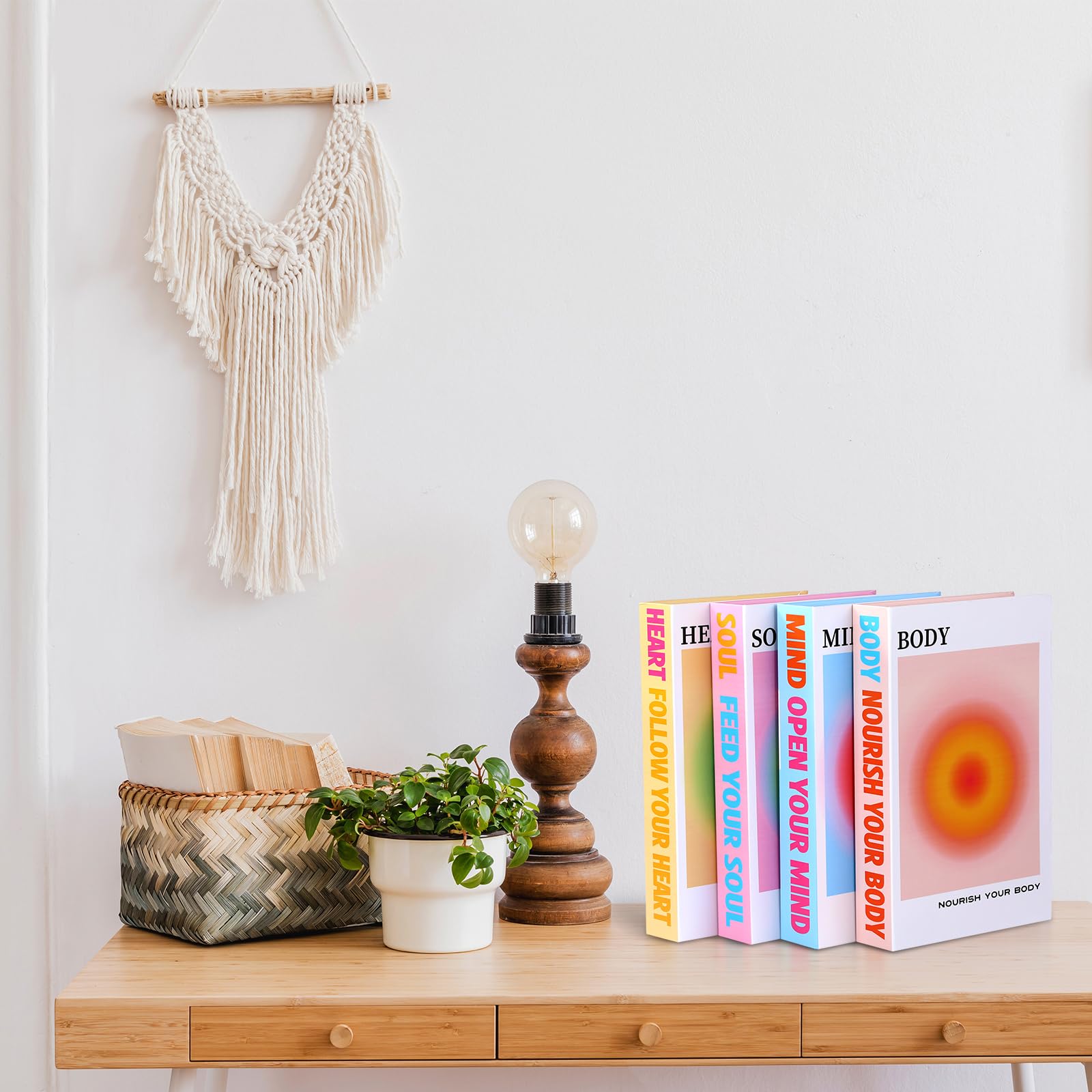 Pasimy Set di 4 libri decorativi con aura sfumata e angelo, tavolino impilato, decorazione per libri, anima, corpo, mente, cuore, citazioni ispiratrici, copertina rigida, libri falsi per casa,