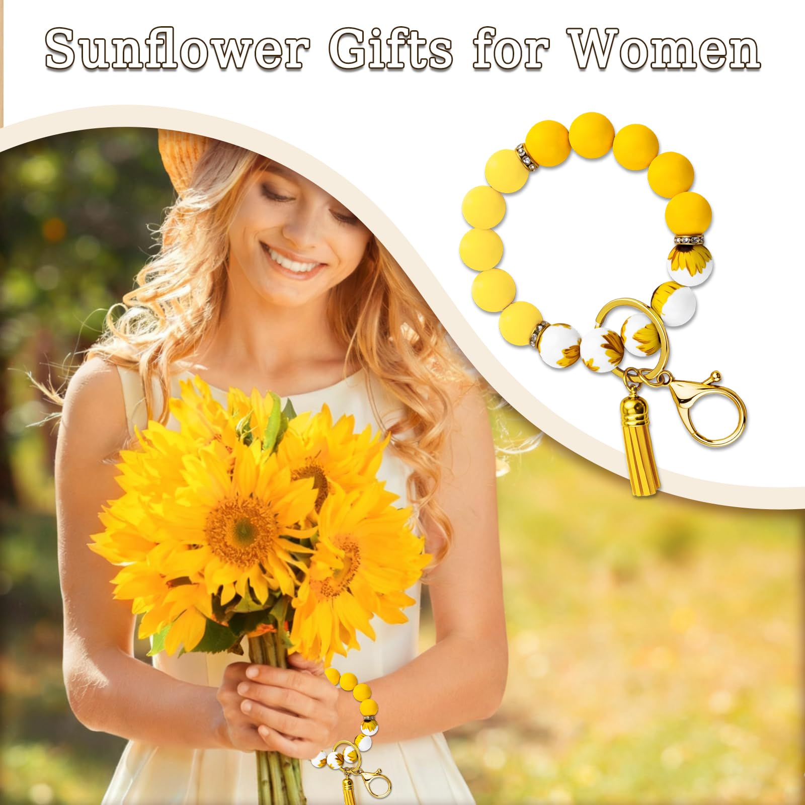 Sunflower Bracelet Gifts for Women Yellow Gifts for Women Sunflower Car Accessories Silicone Beaded Wristlet Keychain Yellow Sunflower Bracelet for Sunflowers Lovers