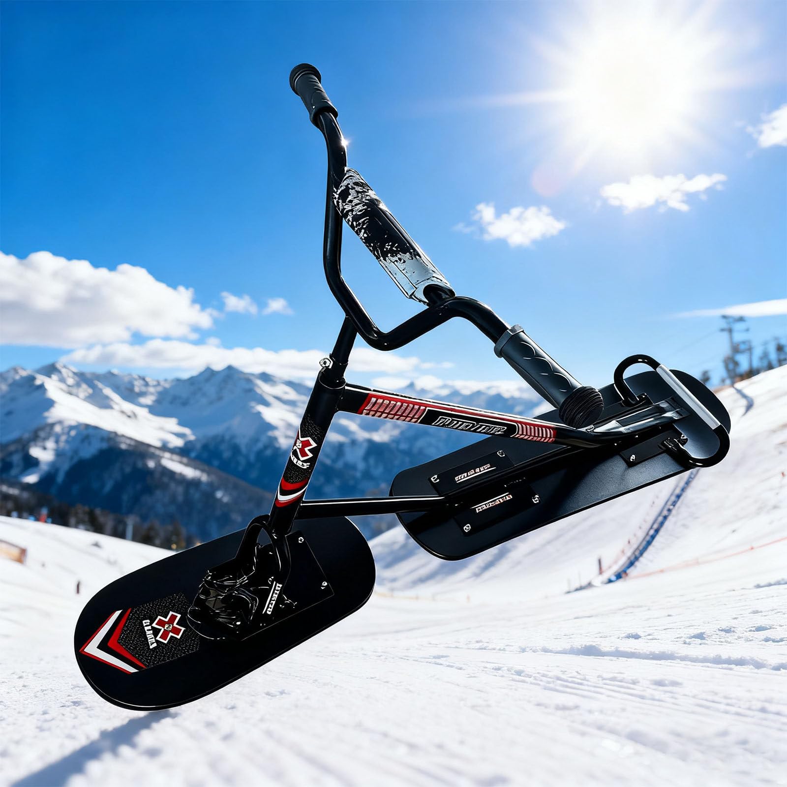 Trottinette des Neiges pour Adultes & Adolescents | Ski Arrière Rotatif 360° | Cadre en Aluminium Renforcé | Luge Tout-Terrain pour Le Hors-Piste, Les Pentes Damées & L'Aventure Neigeuse Black