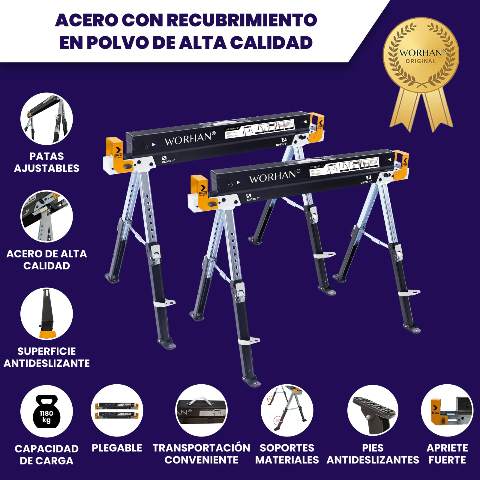 Caballetes x2 Estables y Resistentes Banco de Trabajo Pies Ajustables Antideslizantes Ajuste Rápido Plegable S600A