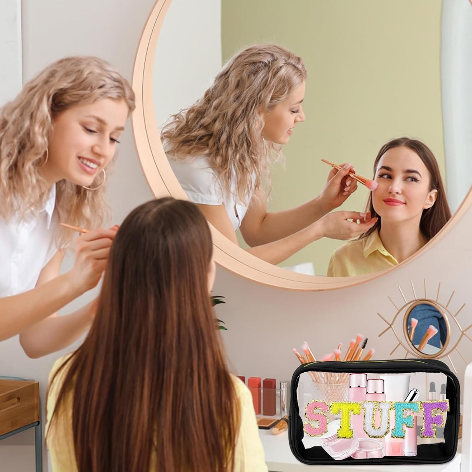 URSKYTOUS Bolsa de maquillaje transparente de chenilla con letras de nailon, bolsa de cosméticos con cremallera, bolsa de maquillaje de viaje transparente de PVC transparente, impermeable, organizador