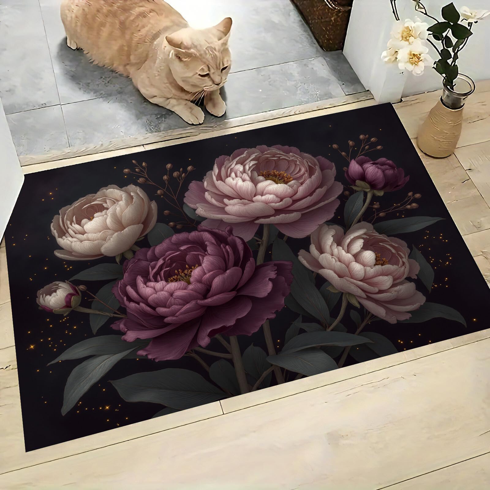 Tapis d'entrée chic pivoine & rose 50x80cm pour un couloir raffiné