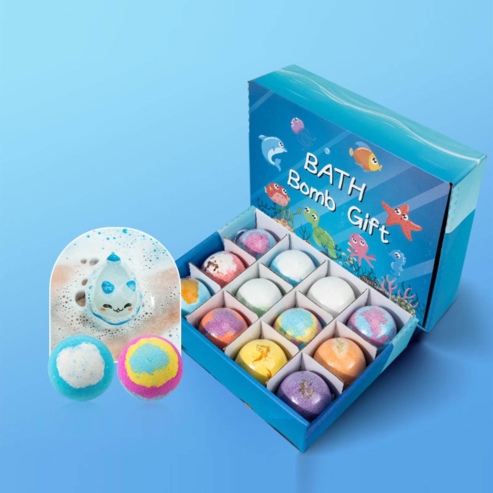 Packung mit 12 natürlichen Badebomben für Kinder, bunte und hautfreundliche Sprudelblasen, leicht zu reinigen mit Sur