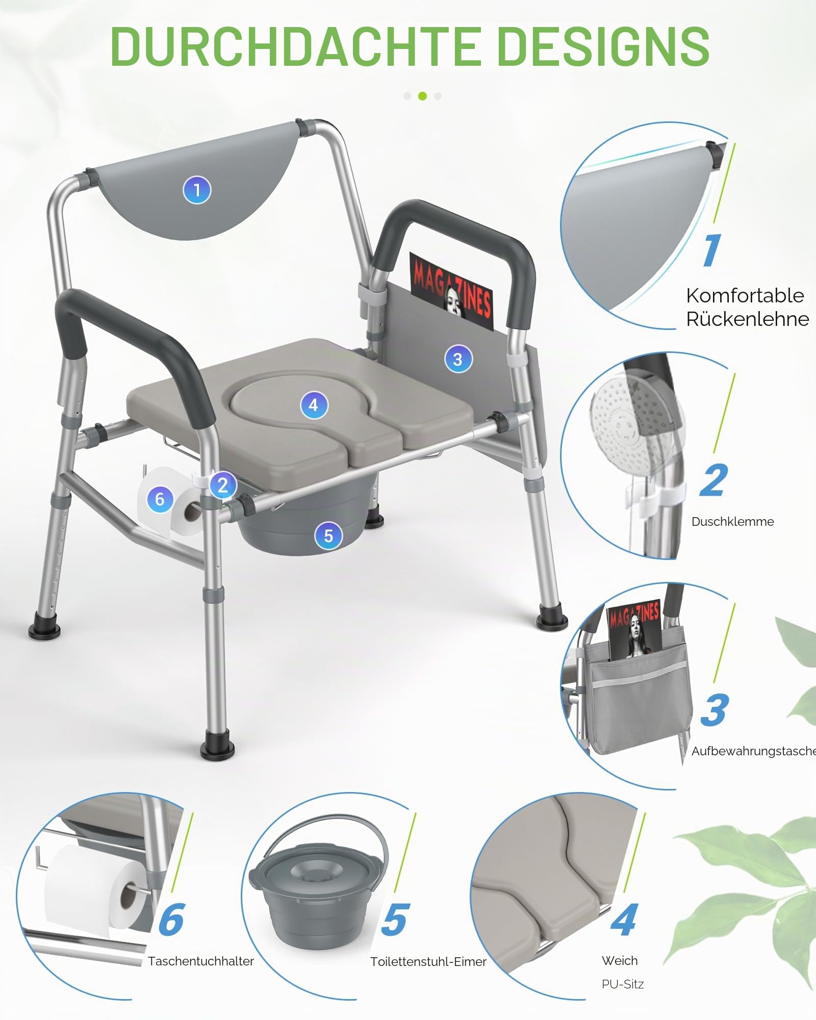 Heavy Duty Bariatric Commode, 4-in-1 Tragbare Nachtkommode oder Über-Toilettenstuhl, extra breit | Höhenverstellbar | Leicht zu reinigen, Handicap Toilettenstuhl für ältere Menschen mit
