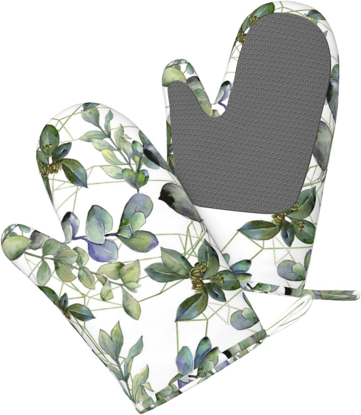 Green Eucalyptus Leaves Oven Mitts and Pot Holders Set of 4 Heat Resistant Kitchen Gloves with Silicone Palm Hot Pads for Baking Cooking Grilling BBQ