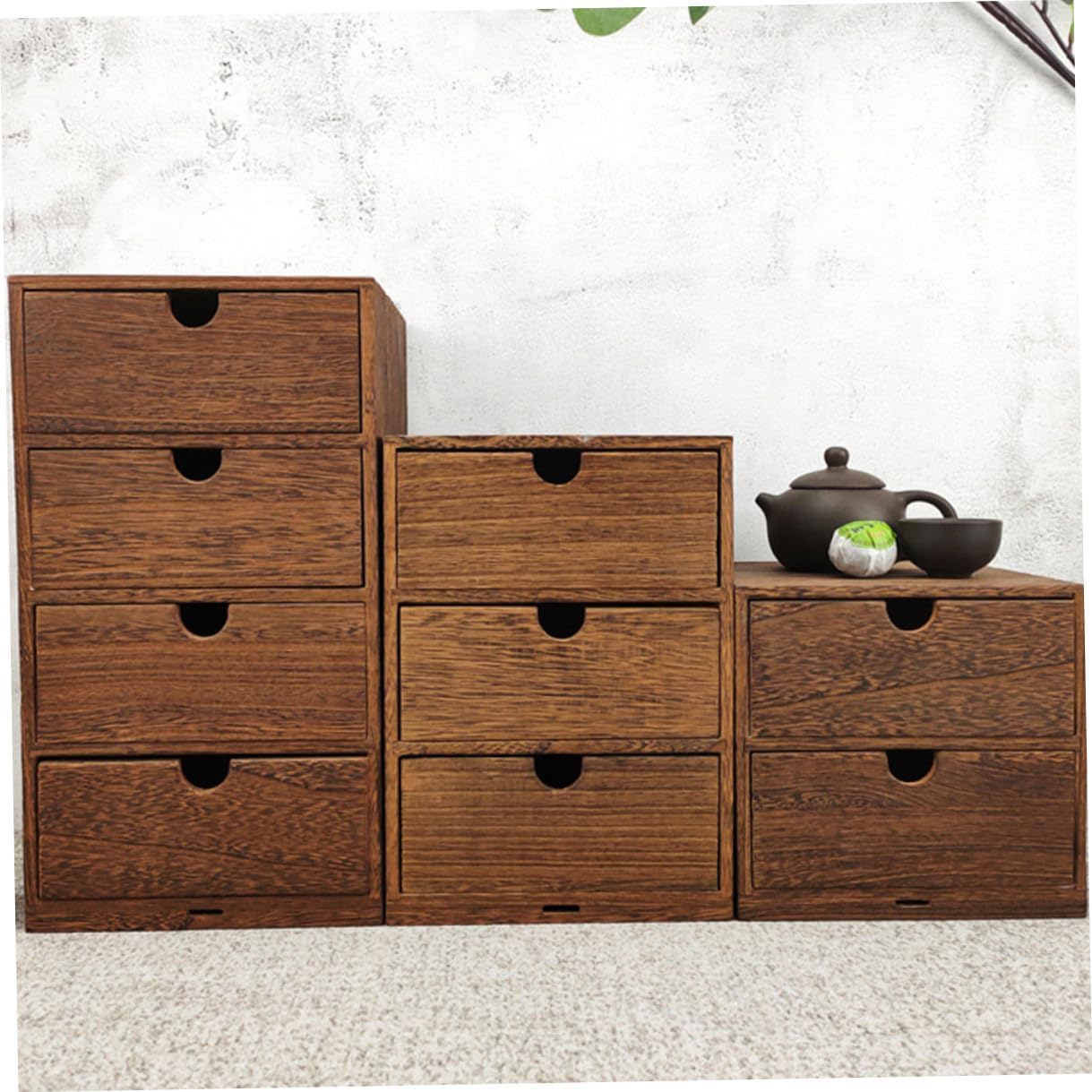 Wooden Multi-layer Storage Drawer Box with Semicircle Pull Desktop Organizer for Sundries Brown Wooden Storage for Office and Home Use