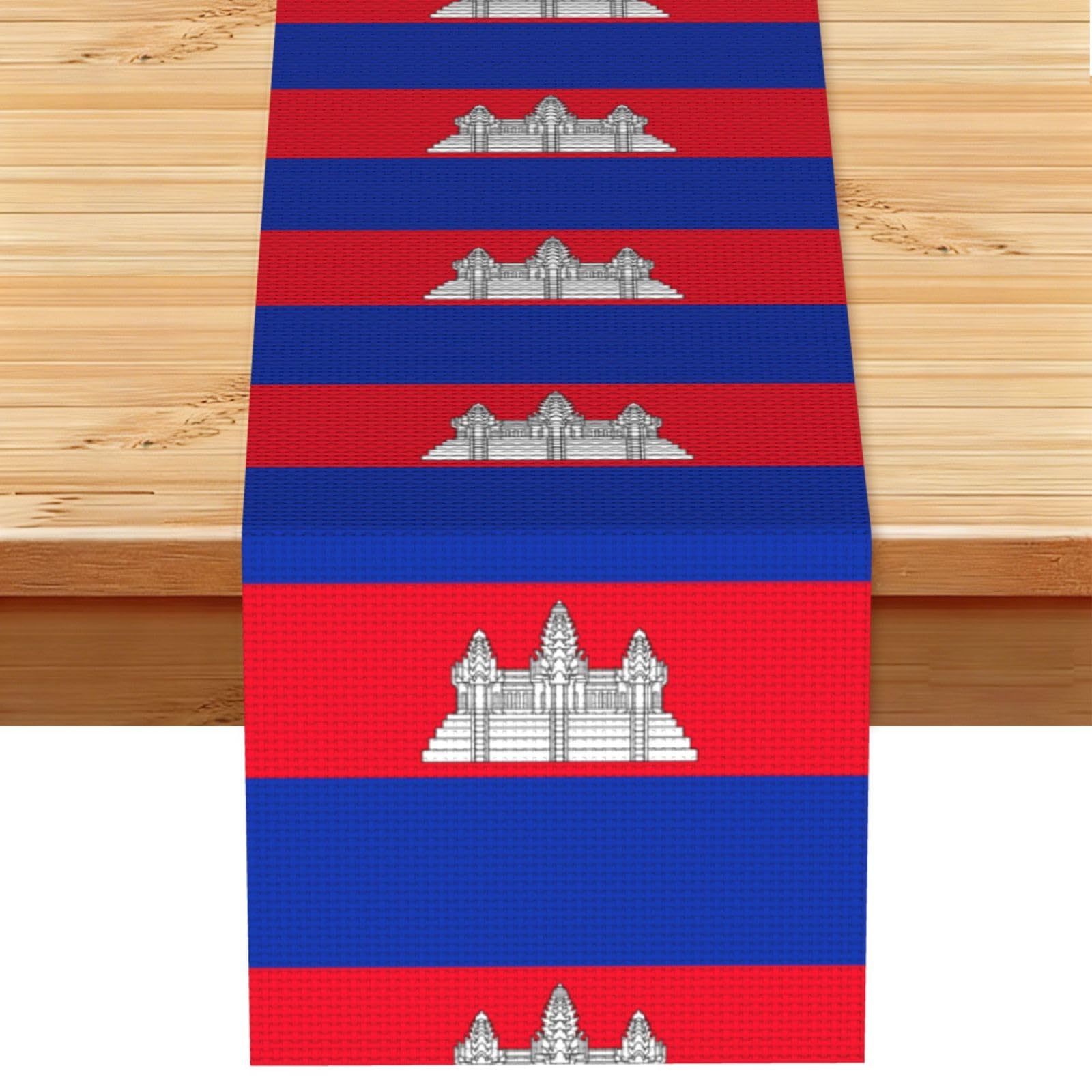 Cambodia Flag Linen Look Table Runner 13x72-Wrinkle Resistant Farmhouse Style for Dining Table Decor