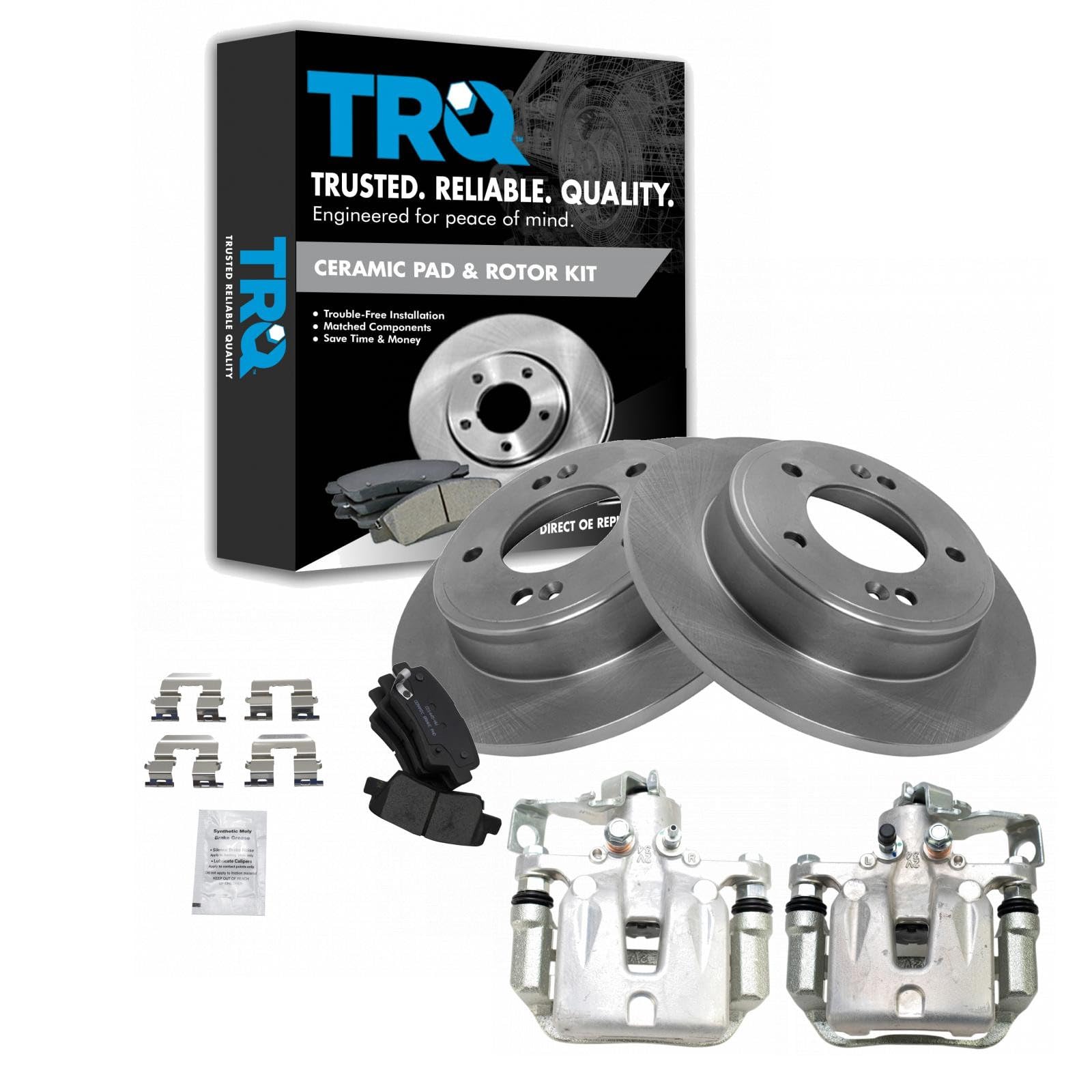 TRQ Rear Ceramic Brake Pad and Rotor Set Includes Calipers
