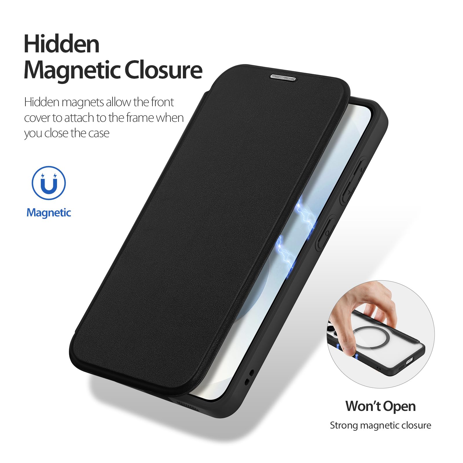 DUX DUCIS Magnetyczne etui do Galaxy S26 Plus, [kompatybilne z MagSafe] Premium Flip skórzane przezroczyste etui ochronne na telefon komórkowy z blokadą RFID do Galaxy S26 Plus (czarne)