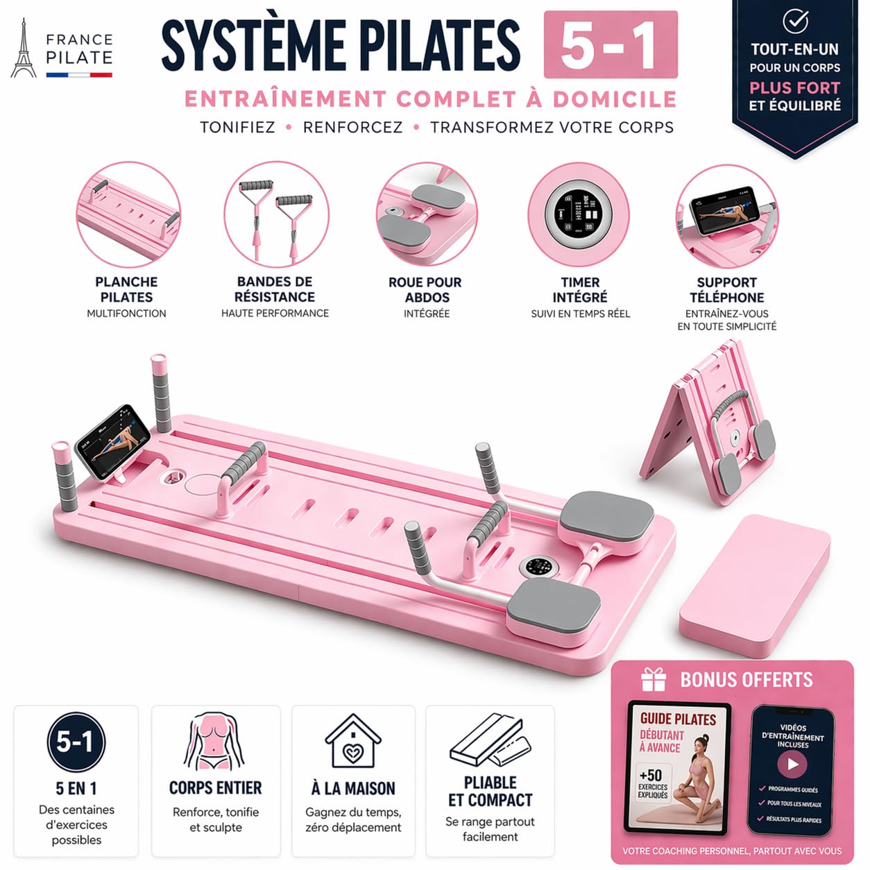 Pilates Reformer Pliable – Machine Pilates Maison Compacte avec Résistance Réglable, Planche Pilates Multifonction Full Body, Kit Accessoires Inclus + E-Book d’Exercices Offert