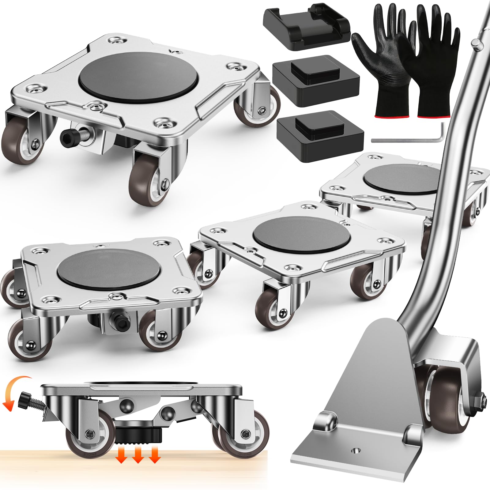 Kit Spostamento Mobili con Funzione di Parcheggio - Carrelli con Stabilizzatori, Pannello in Acciaio al Carbonio Migliorato, Portata 500kg, Collocazione Sicura a Lungo Termine di Mobili Pesanti