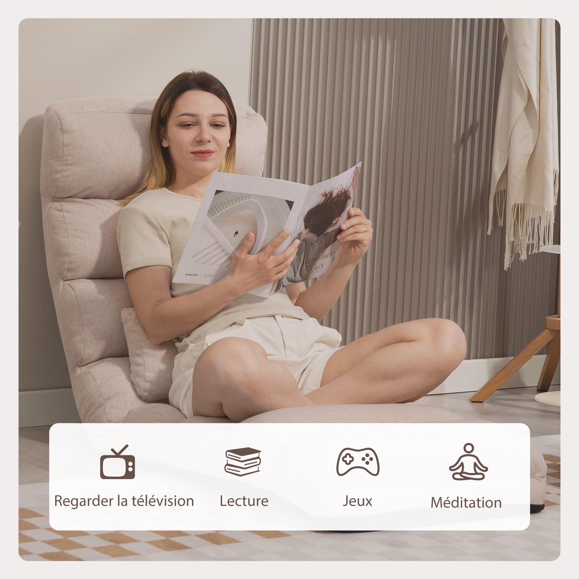 HOMCOM Canapé Paresseux chauffeuse 1 Place Fauteuil Convertible Fauteuil lit avec Dossier et Appui-tête réglables sur 5 Positions pour Salon Chambre et Bureau Charge 120 Kg 58x119x78cm Beige