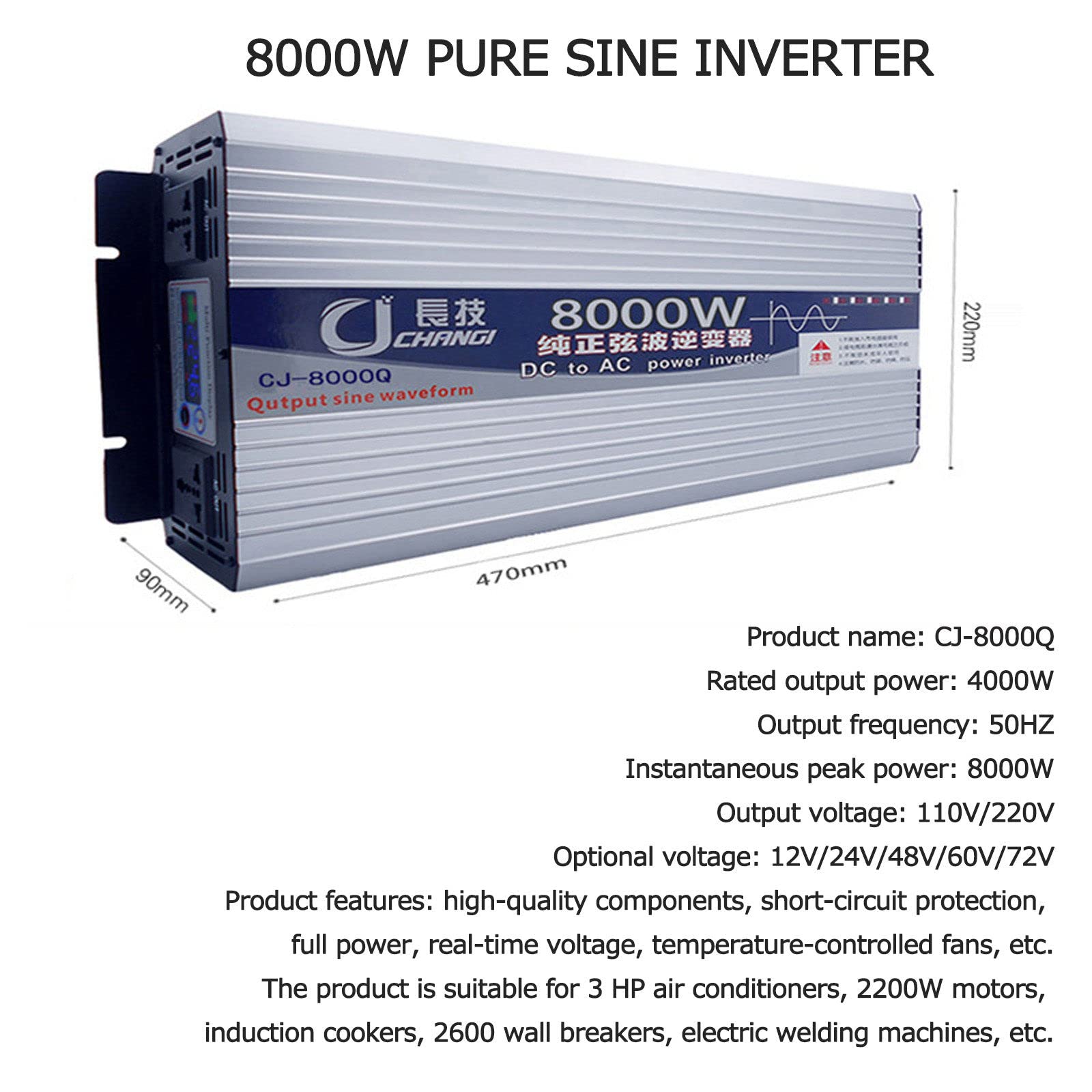 Inverter di Potenza 6000W 8000W 10000W 12000W Inverter Pure Sine Wave Dc 12V 24V 48V 60V 72V A 110V 220V AC Inverter Onda Pura con Prese Ca E Display LCD,8000W-48Vto110V