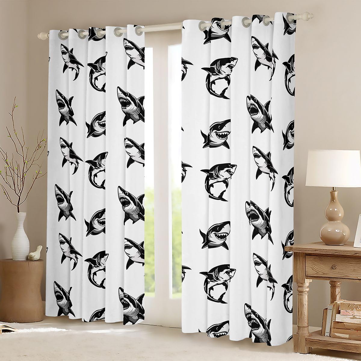 Homemissing Tende oscuranti con squalo in stile cartone animato, decorazione oceano, tende oscuranti per camera da letto, soggiorno, vita marina, isolamento termico, trattamenti per finestre
