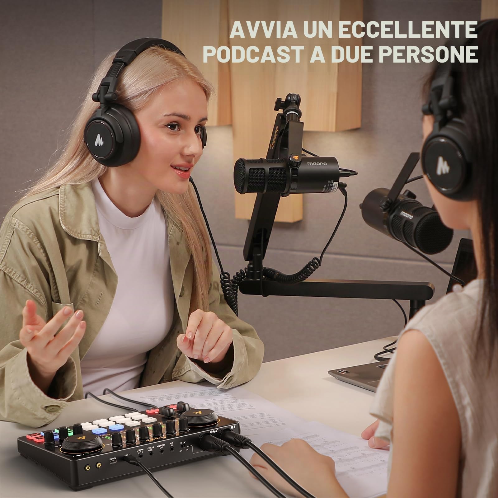 MAONO Pacchetto di apparecchiature podcast: mixer di interfaccia audio con due ingressi XLR per lo streaming di podcast MaonoCaster E2 Gen2