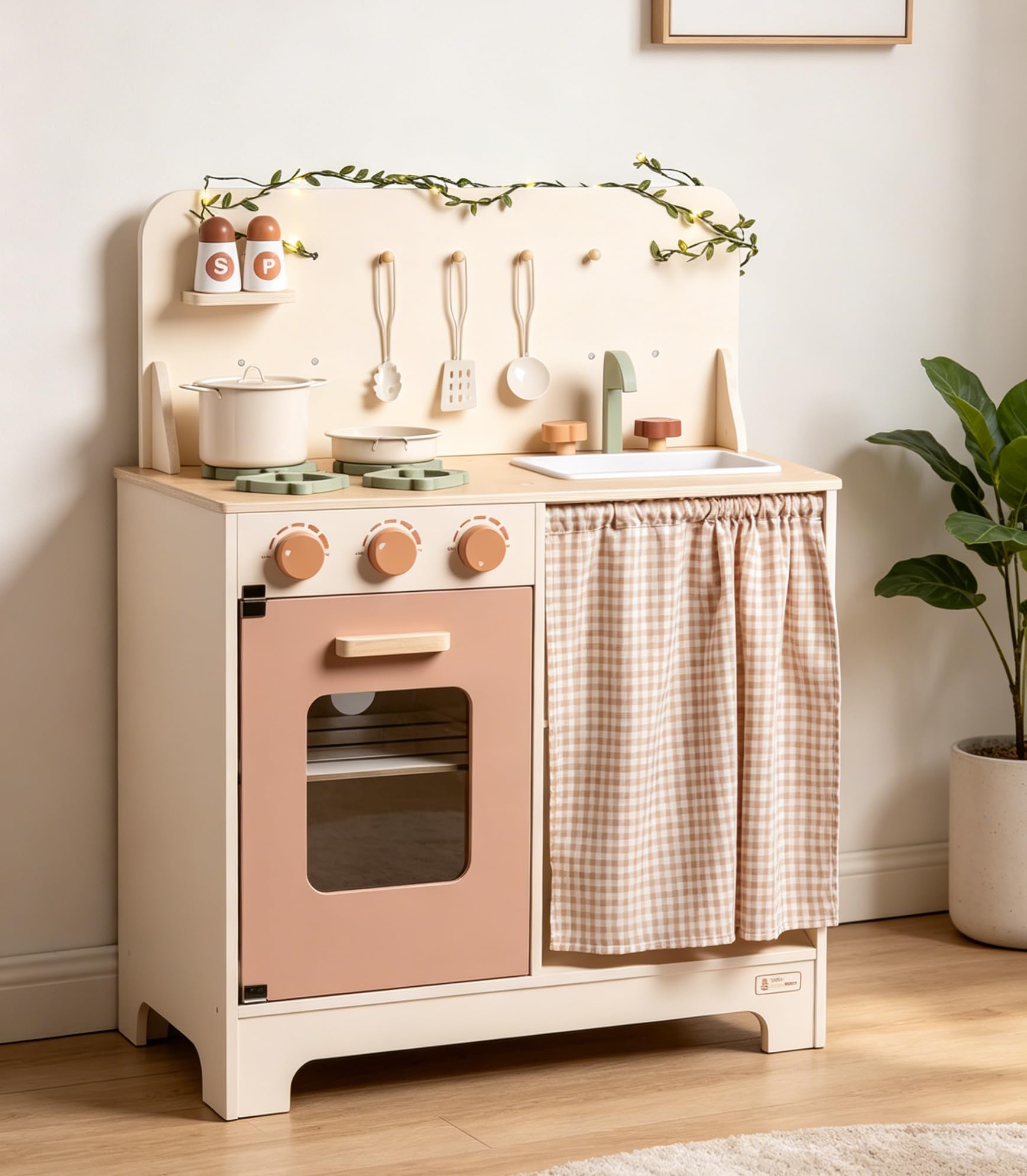 ROBUD Spielküche Holz, Kinder Küche mit Backofen, Schürze, Handschuhe, Kinderküche Zubehör, Geschenke Spielzeug für Mädchen ab 3 Jahren, Beige