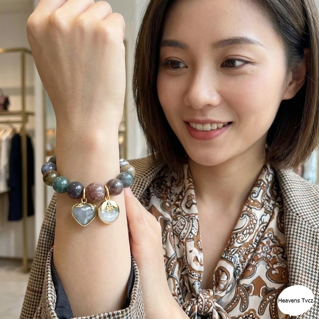 Five-Color Jade Beaded Bracelet 12.30mm Natural Jade Stretch Bracelet for Women – Feng Shui Wealth & Protection Crystal Bracelet with Gold Charm – Yoga Meditation Healing Jewelry Gift