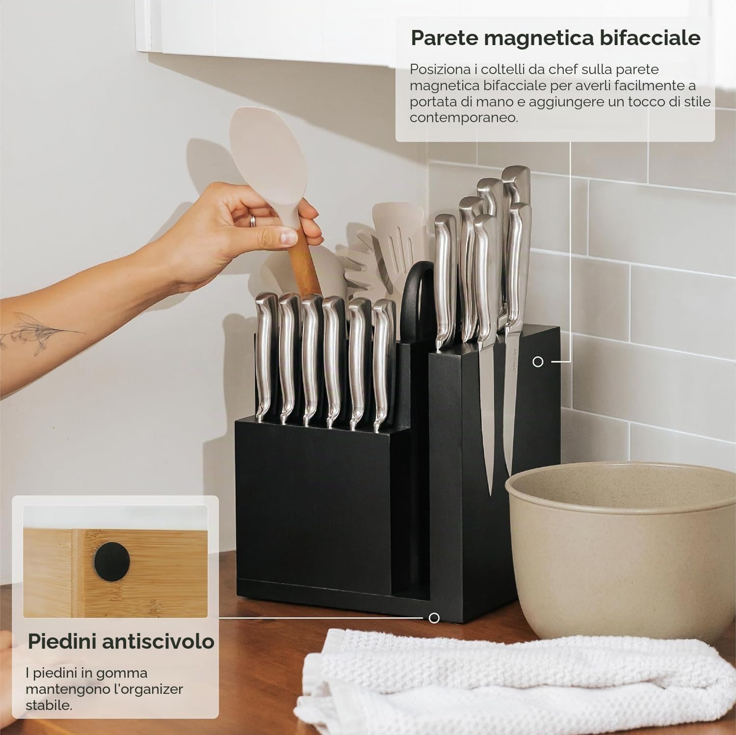 KitchenEdge Ceppo magnetico in bambù e porta utensili da cucina, elegante per coltelli da chef, coltelli da bistecca, spatole, forbici, piedini in gomma antiscivolo, facile da pulire, finitura nera