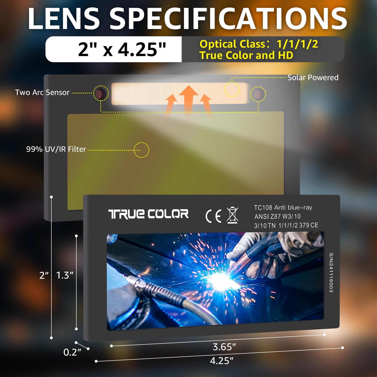 Lente de soldadura de oscurecimiento automático de 2 x 4 1/4, pantalla 10, lente de soldadura de energía solar dorada, tecnología HD de color verdadero, lente de soldadura 2x4 de repuesto para