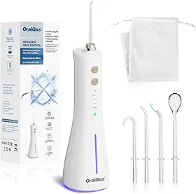 OralGos Irrigador Bucal Portátil, com Esterilização UV Water Flosser Elétrico Sem Fio, 300ML, 5 Modos de Limpeza, USB Recarregável, IPX7 À Prova D’Água, 4 Bicos Substituíveis, Viagem e Uso Doméstico (Branco)