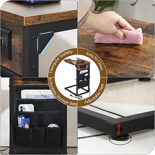 Miniatura 14 de AMHANCIBLE HET04CBK - Mesa auxiliar en forma de C con estación de carga, juego de 2 bandejas de TV, mesas de sofá con bolsa de almacenamiento, mesa