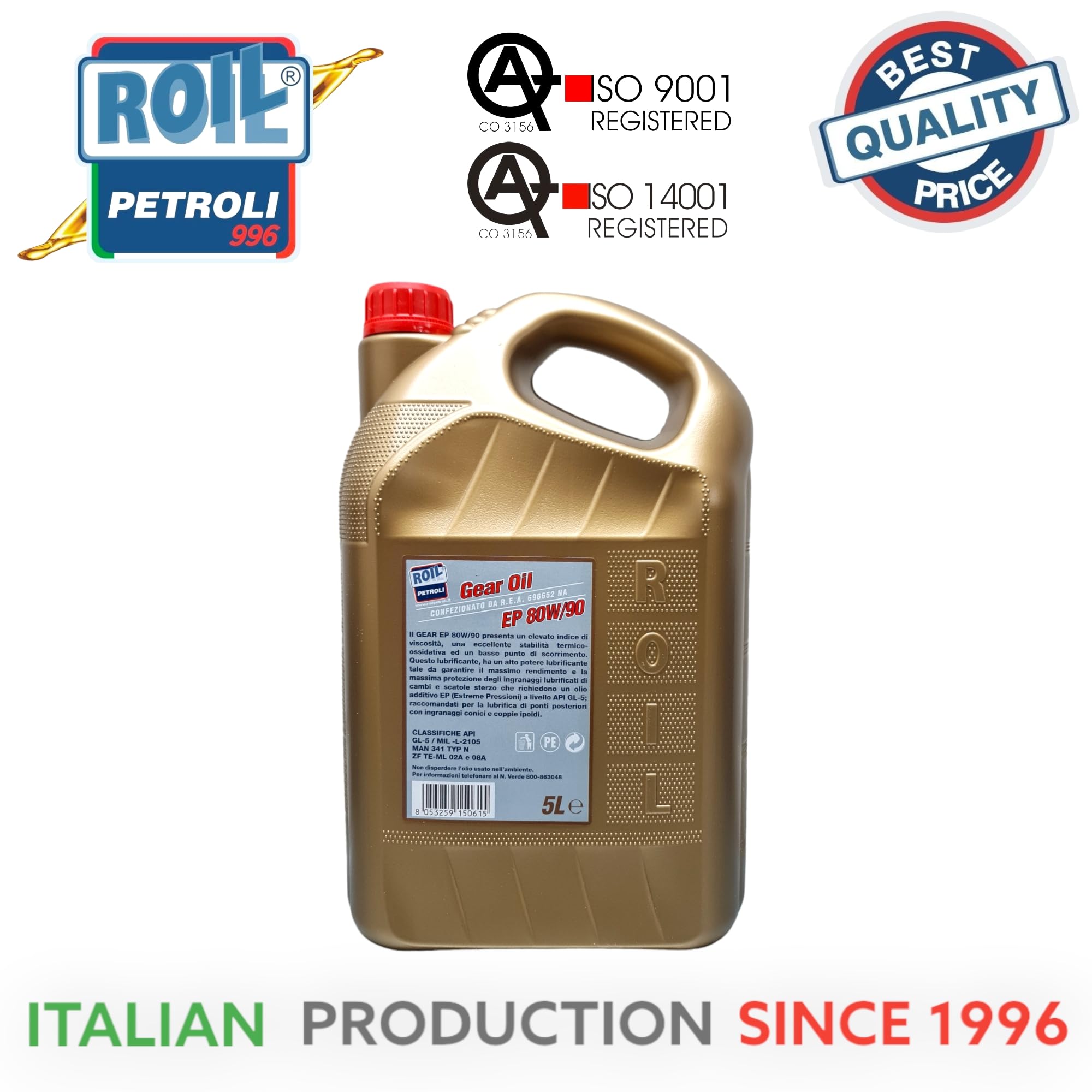5 Litri di Roil GEAR HD 80W90 EP GL-5 - Olio CAMBIO per AUTO, MOTO, FURGONI, CAMION ►NUOVA FORMULA◄ che MIGLIORA la Lubrificazione e Protezione degli Ingranaggi