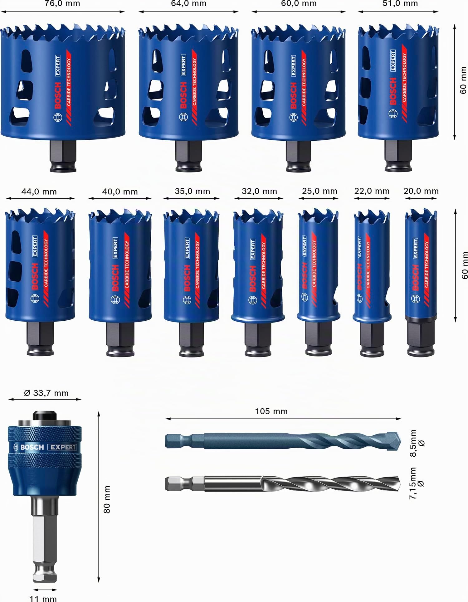 Bosch 14x Coffret universel de scies trépans EXPERT Multi Material PC Plus