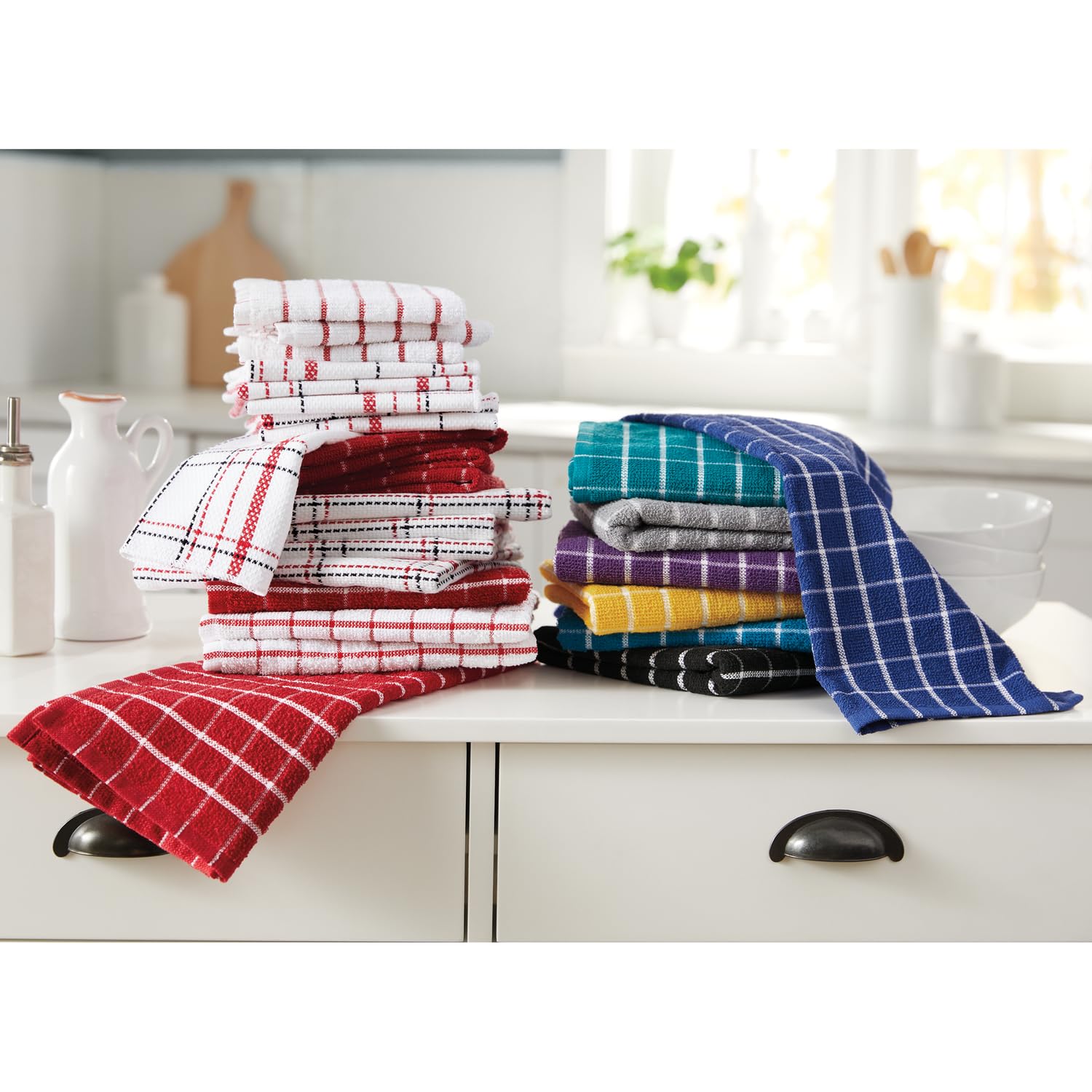 Color Connection Montgomery Ward 20-Piece Kitchen Towel Set - Soft, Absorbent Cotton Towels, Bright Check & Plaids, Twilight Blue