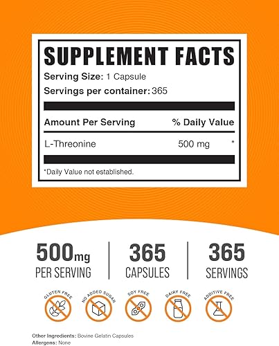 Miniatura 2 de BULKSUPPLEMENTS.COM Cápsulas de L-treonina - Suplemento de L-treonina, L treonina 500 mg - Suplemento de aminoácidos para piel y articulaciones, sin