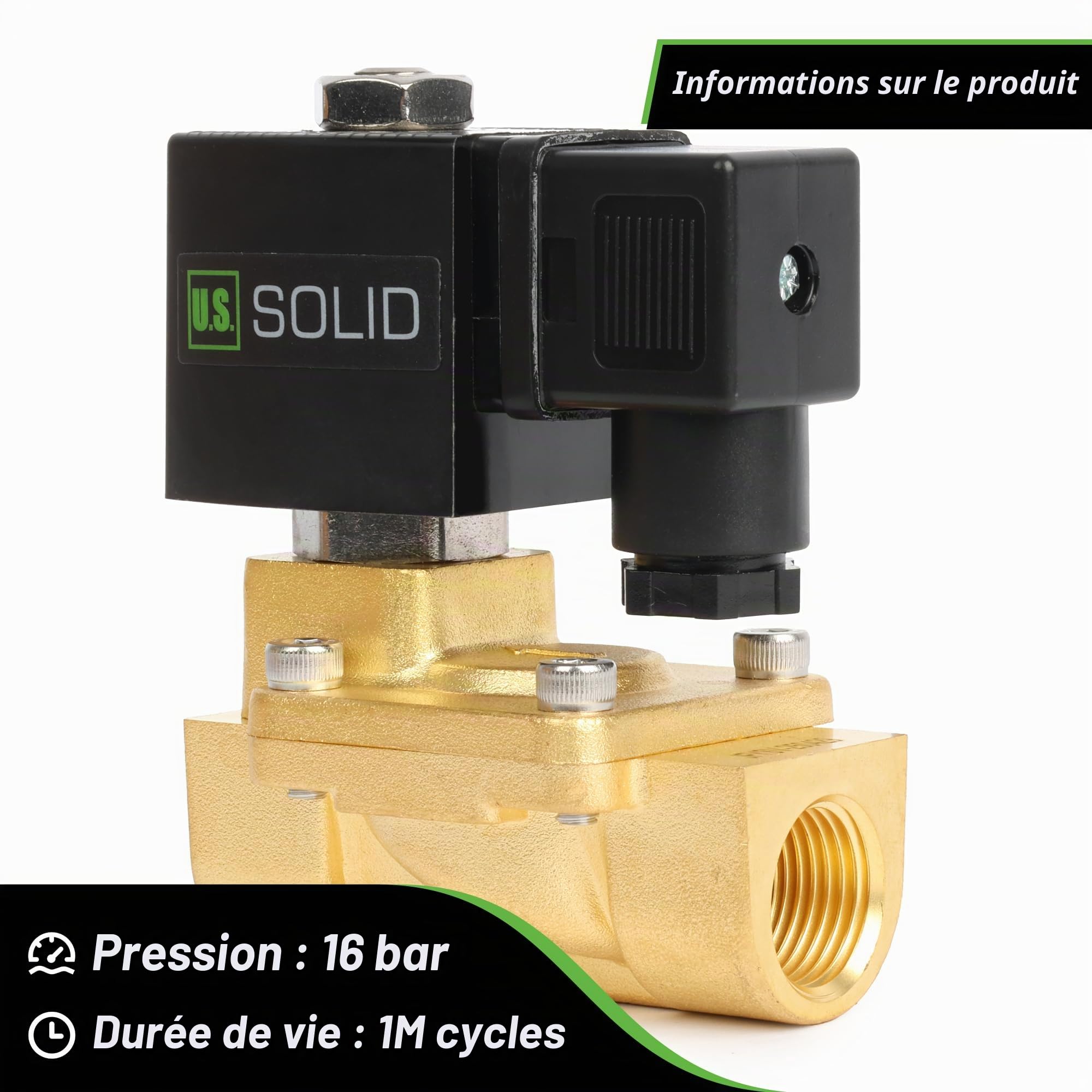 U.S. Solid Electrovanne en laiton 1/2" 24 V DC, 0,3-16 bar, normalement fermée, joint viton, filetage G - pilotée