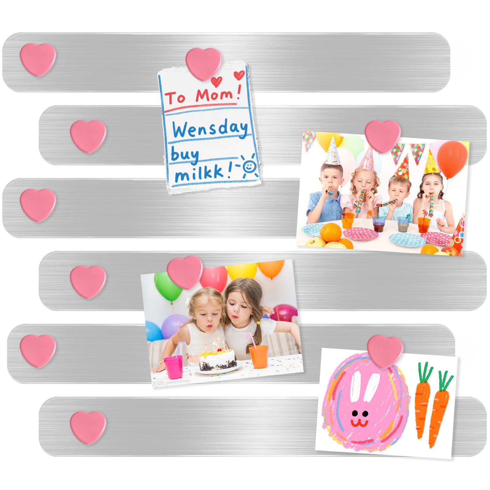 DUJEQM Magnetic Board Strips - 6Pcs Stainless Iron Magnetic Strips with Adhesive Backing & 10 Pink Heart Magnets, Frameless Small Bulletin Board for Wall, DIY Memo Board for Home Kitchen School Office