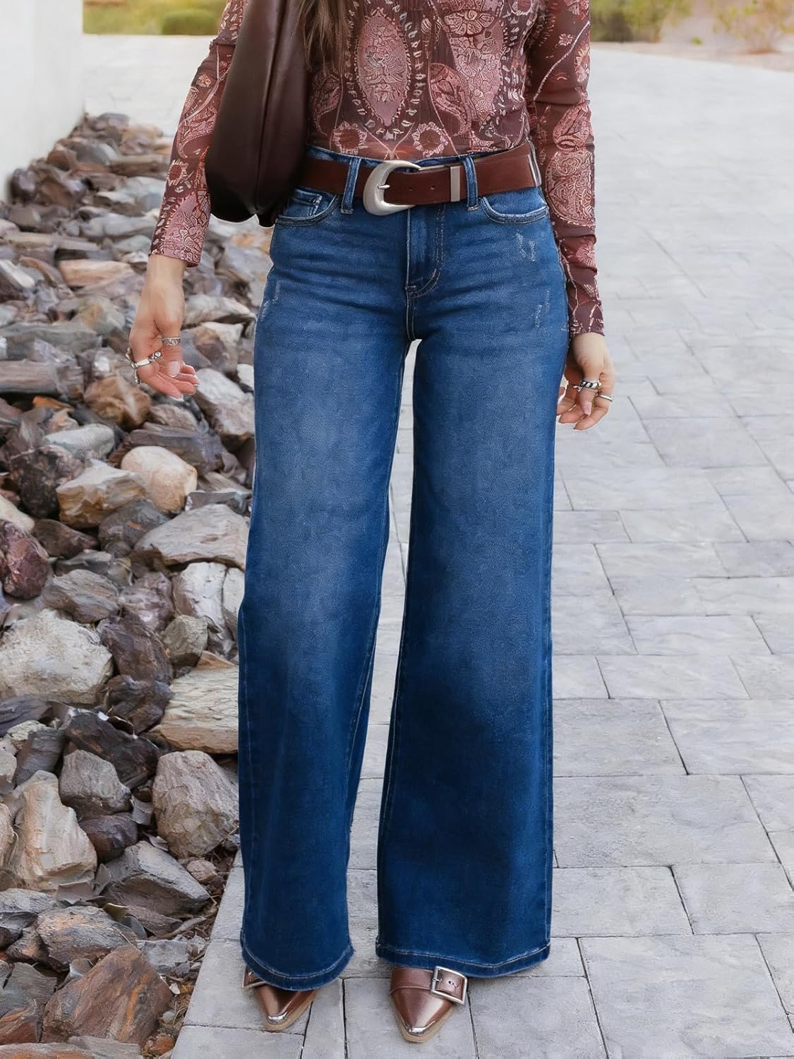 ONESO Mid-Low Rise Baggy Jeans Wide Leg for Women Distressed Pants Stretchy Bottom Lady Basic Comfortable Denim - Image 3