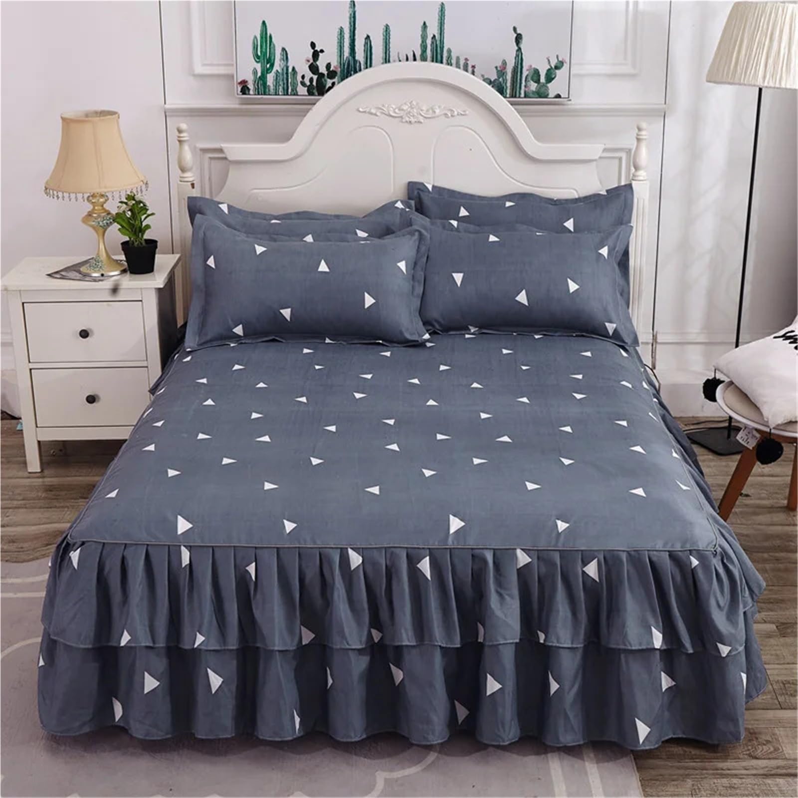 3pcs Bedding Simple Flower Bed Skirt With Pillowcases Wedding Bedspread Bed Sheet Mattress Cover(Color-22,3pcs 180x200cm)