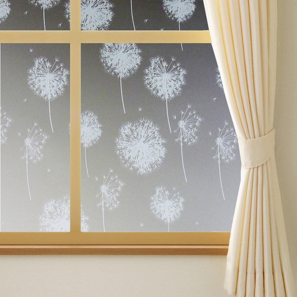 3D Window Films Privacy Protection Frosted Film Stained Glass Stickers Heat Control Decorative Cling Vinlys Non-Adhesive Dandelion Opaque for Bathroom Home Office 18 x 39Inch
