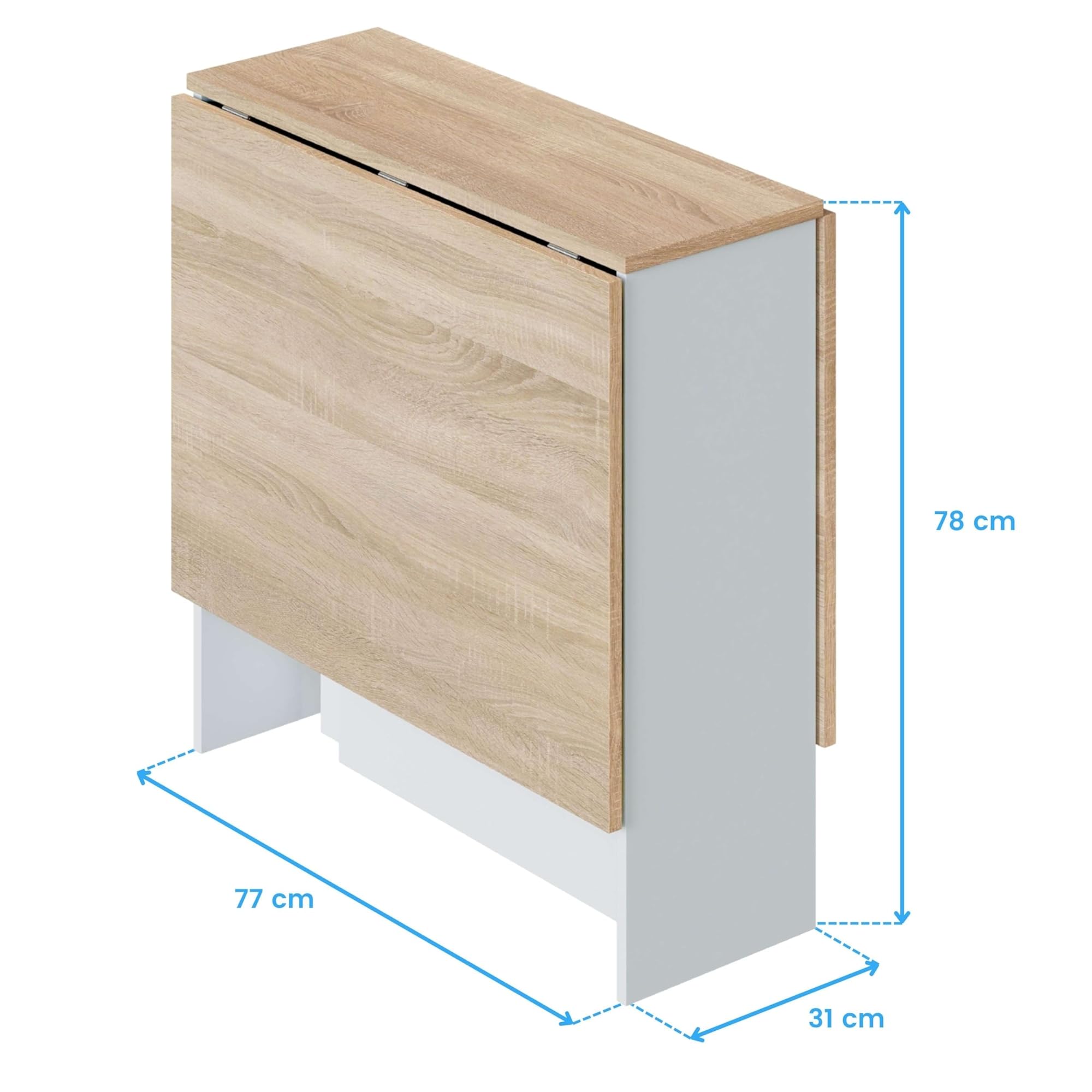 Habitdesign Mesa Auxiliar con Alas Abatibles, Mesa Cocina, Color Blanco Artik y Roble Canadian, Medidas: 77 cm (Largo) x 31-140 cm (Ancho) x 79 cm (Alto), Modelo Fly