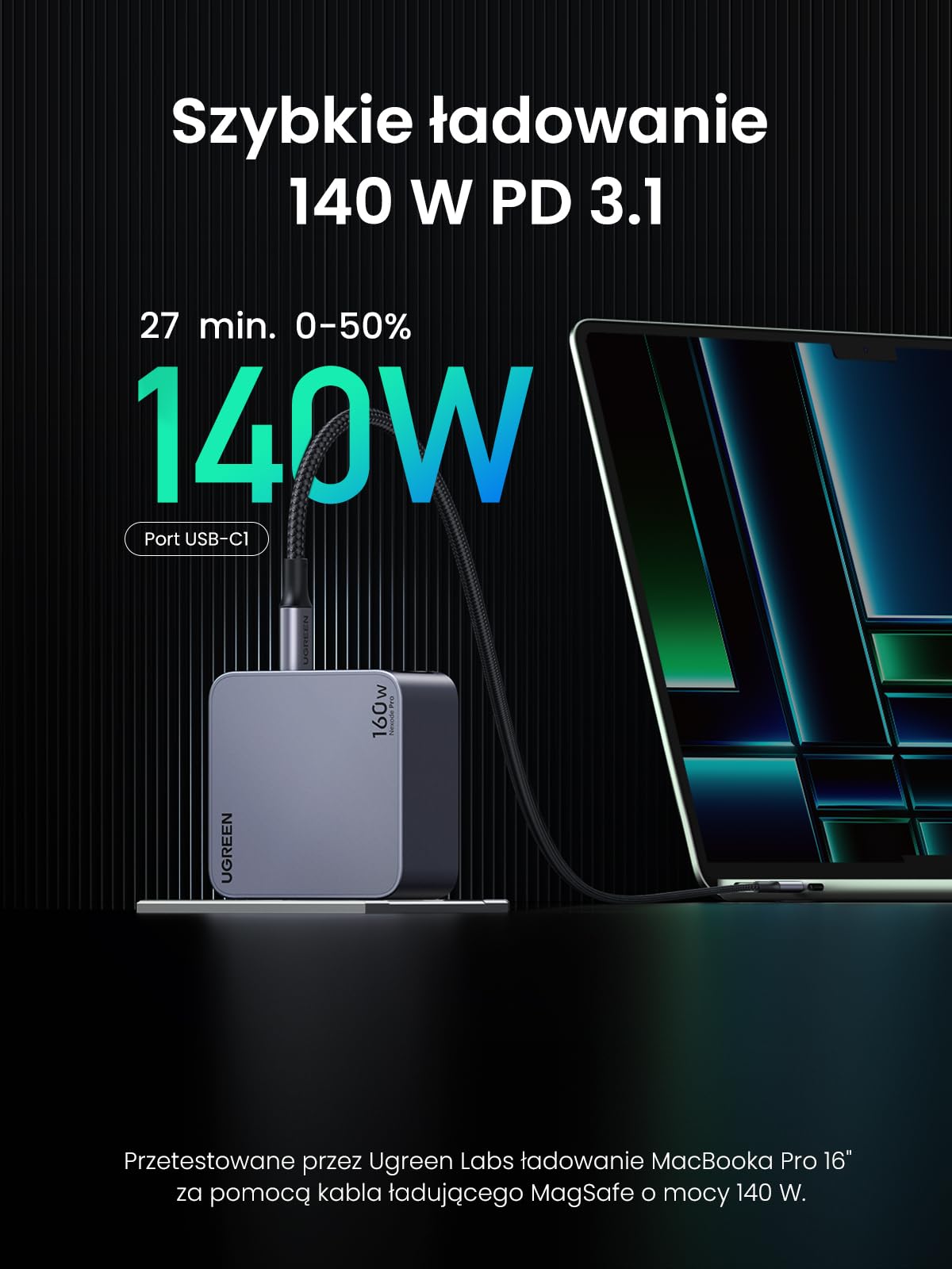 UGREEN Nexode Pro Ładowarka USB-C 160W, GaN Mini Charger, 4 portami | Szybka ładowarka PPS 60 W, 140W do laptopa, zajmująca mało miejsca, kompatybilna z MacBook Pro/Air, iPad, iPhone, Galaxy S26